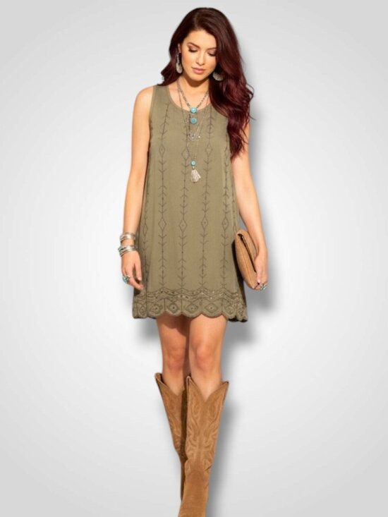 verty Dresses & Skirts - Olive Green Sequin Beaded Mini Dress - Embroidered Boho - M